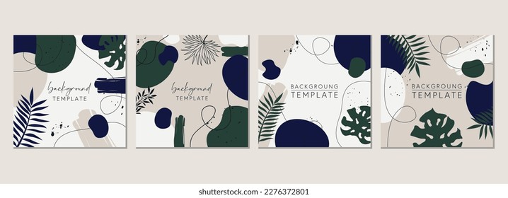 Abstract set of square templates with tropical leaves and geometric shapes. Good for social media posts, mobile apps, banner designs and online promotions. Tropical vector background collection.