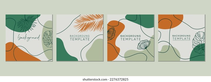 Abstract set of square templates with tropical leaves and geometric shapes. Good for social media posts, mobile apps, banner designs and online promotions. Tropical vector background collection.