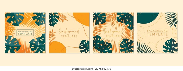 Abstract set of square templates with tropical leaves and geometric shapes. Good for social media posts, mobile apps, banner designs and online promotions. Tropical vector background collection.