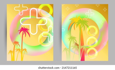 Abstract set summer background with palm trees party and cocktails universal art web header template. Collage made geometric elements