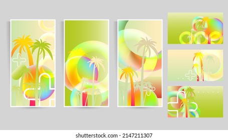 Abstract set summer background with palm trees party and cocktails universal art web header template. Collage made geometric elements