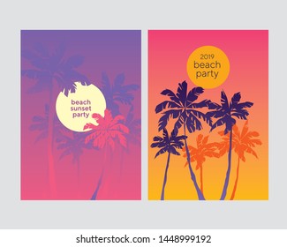 Abstract set summer background universal art web header template.  Vintage vibes tropical palm silhouette poster set. Abstract vivid pink summer background set for poster, card, post, header