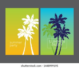 Abstract set summer background universal art web header template. Retro style tropical palm silhouette poster set. Abstract summer background set for poster, card, post, header, cover, web and print. 