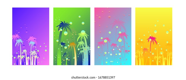 Abstract set summer background universal art header template. Collage made with palm tree drawings of fun circles and colorful neon elements