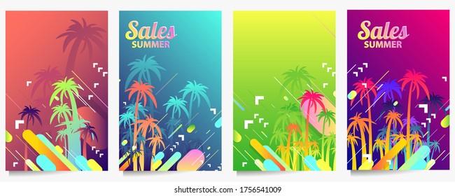 Abstract set summer palm party background universal art web header template. Collage made with scribbles canyon strokes