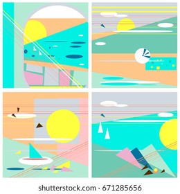 abstract set, summer postcards, retro colors