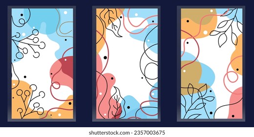 Abstract set of templates for background. Floral abstract background. Fluid blue-red background with lines and leaves.