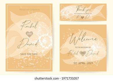 Abstract set of templates for wedding invitations. Vector, contour design of a daffodil on transparent petals.