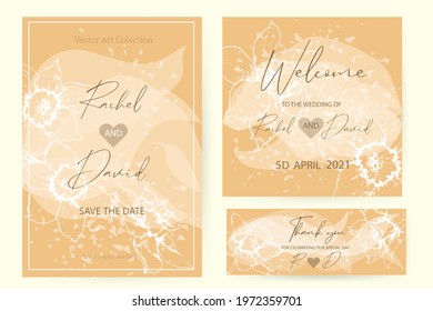 Abstract set of templates for wedding invitations. Vector, contour design of a daffodil on transparent petals.
