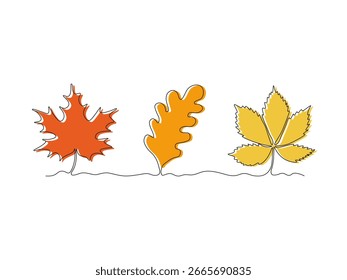 Abstract set of three different leaves of tree. maple, oak, chestnut or grape. continuous single one line art drawing sketch, logo