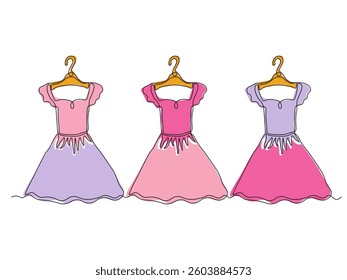 abstract set of three dresses are hanging on hanger, continuous single one line art hand drawing sketch logo