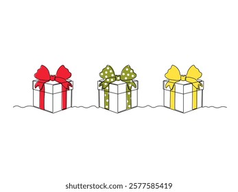 Abstract set of three gift box with bow, continuous single one line art hand drawing sketch logo