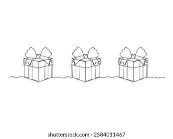 Abstract set of three gift box with bow, continuous single one line art hand drawing sketch logo