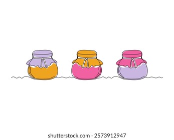 abstract set of three jar of honey or jam, continuous single one line art hand drawing sketch logo