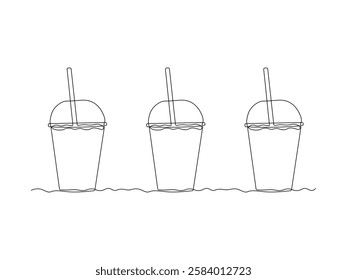 abstract set of three juice glasses with lid and straw, continuous single one line art hand drawing sketch logo 