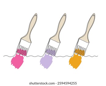 abstract set of three paint brush, continuous single one line art hand drawing sketch logo