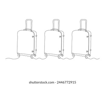 abstract set of three suitcases on wheels, continuous single line art hand drawing sketch