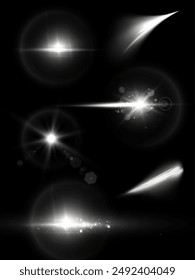 Abstract set of translucent white glare light effects, bright flickering light on a transparent background.