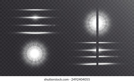 Abstract set of translucent white glare light effects, bright flickering light on a transparent background.