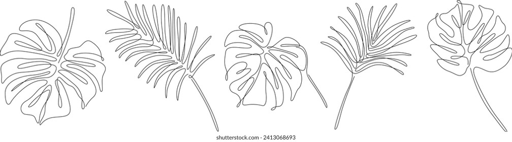 Abstract set of tropical leaves. Black and white engraved ink art continuous line. Isolated leaf illustration element on white background.