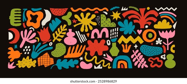 Conjunto Abstractas de varias Formas, figuras y blobs de forma libre, ilustración de lápiz de colores dibujado a mano. Abstractas Ilustración vectorial moderna contemporánea en color estilo lápiz de lápiz de crayón en oscuro.