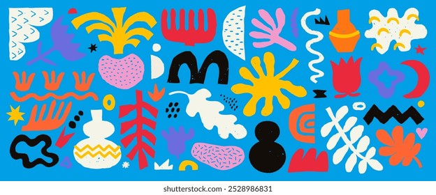Abstract set of various shapes, figures and freeform blobs, hand drawn colorful crayon illustration. Modern trendy vector sticker set of various plants and doodles pattern design elements on blue
