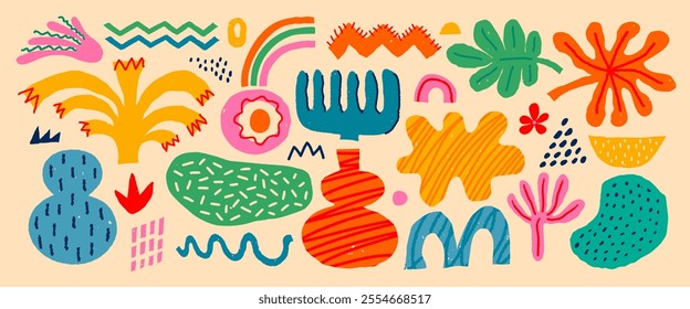 Abstract set of various shapes, figures and freeform blobs in hand drawn color crayon pencil style. Modern trendy vector sticker set of various plants and doodles, pattern and design elements.