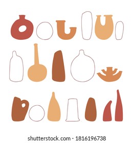 Abstract set vases in pastel terracotta natural colors. Hand drawn vases. Collection of contemporary art. Abstract geometrical elements, shapes for print, social media, posters, postcards, flyer. 