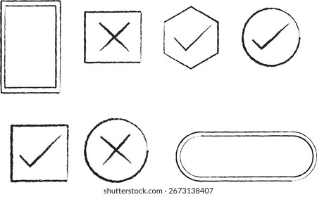 Abstract set of vector checkboxes and symbols in different shapes including square, circle, hexagon, and oval. Minimal outline icon collection for UI, forms, and communication.