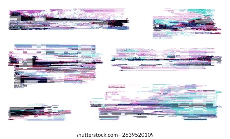 Abstract set of vector glitch noise elements. Digital distortion and error effect. Technology backdrop for graphic design, print. Vector graphics.