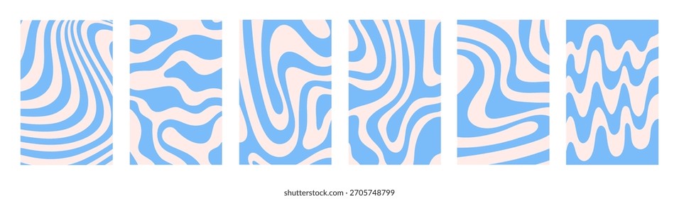 Abstractas conjunto de fondos de Vertical con ondas azules. Ilustración vectorial de moda en estilo retro años 60, 70.