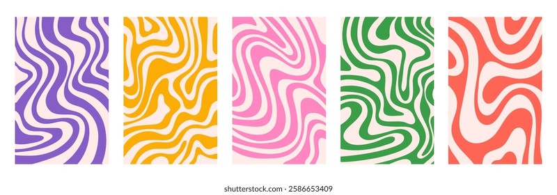 Abstract set vertical backgrounds with colorful waves. Trendy vector illustration in style retro 60s, 70s.