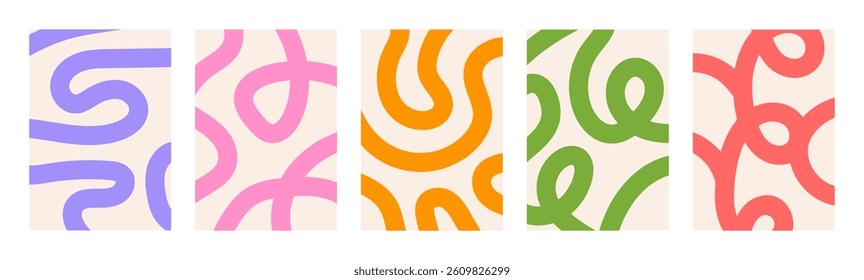 Abstract set vertical backgrounds with dynamic linear waves. Trendy vector illustration in style retro 70s.