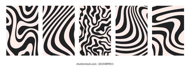 Abstract set vertical backgrounds with dynamic waves. Trendy vector illustration in style retro 60s, 70s. Beige and black colors