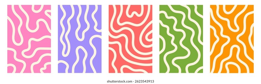 Abstract set vertical backgrounds with dynamic linear waves. Trendy vector illustration in style retro 70s, 80s