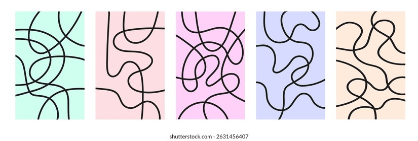 Abstract set vertical backgrounds with dynamic linear waves. Trendy vector illustration in style retro 70s, 80s. Pastel colors