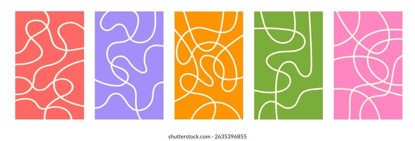 Abstract set vertical backgrounds with dynamic linear waves. Trendy vector illustration in style retro 70s, 80s