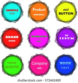 Abstract set of vivid and colorful frames. Bright design elements, round shaped banners, circular labels, buttons, signs, badges. Stock illustration set of templates isolated on white background.
