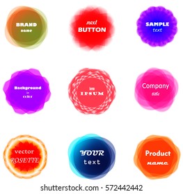 Abstract set of vivid and colorful frames. Bright design elements, round shaped banners, circular labels, buttons, signs, badges. Stock illustration set of templates isolated on white background.