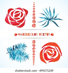 Abstract set of watercolor vector palm leaves and rose flowers. Isolated on white. Colorful watercolour tropical illustration. Elements for logo design.