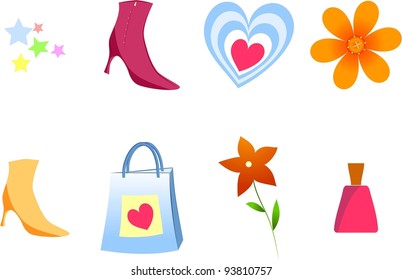 abstract set for woman. bag. shopping. heart. flower. stars. perfume