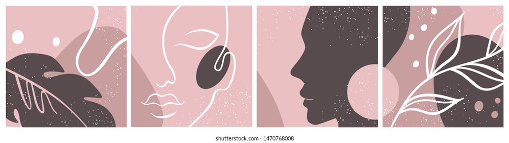 Abstract set with Woman face, silhouette, floral elements one line drawing. Vector cards in minimalistic style. Continuous line. Modern Design concept.