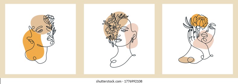Abstract set with Woman face, silhouette, floral elements one line drawing. Vector cards in minimalistic style. Continuous line. Modern Design concept.