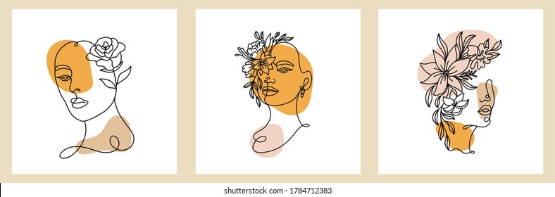 Abstract set with Woman face, silhouette, floral elements one line drawing. Vector cards in minimalistic style. Continuous line. Modern Design concept.