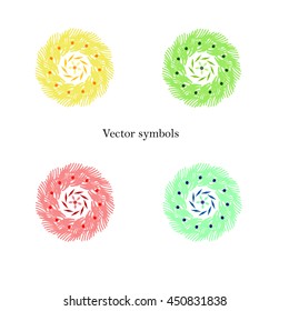 Abstract set of yellow, green, red and blue colors arabesques. Fractal style. Collection of mandala. Vector illustration