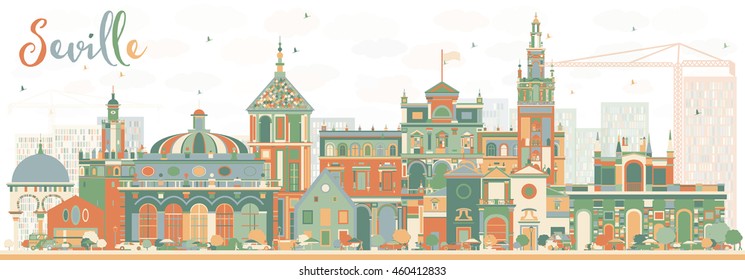 Resumen de Sevilla Skyline con Edificios de Color. Ilustración vectorial. Concepto de viajes de negocios y turismo con edificios históricos. Imagen de Presentación Placard Banner y Sitio Web.