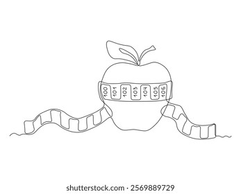 Abstract sewing measuring centimeter around the apple. continuous single one line art hand drawing sketch logo