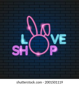Abstract Sex Love Shop Hare Ears Adult Toys Neon Light Electric Lamp Background Vector Design Style Signage Advertising Design Template Logo Logotype Symbol Sign