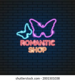 Abstract Sex Shop Butterflies Adult Toys Neon Light Electric Lamp Background Vector Design Style Signage Advertising Design Template Logo Logotype Symbol Sign
