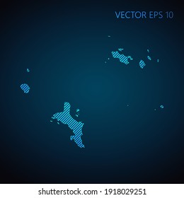 Resumen de la plantilla de mapa de Seychelles hecha a partir de líneas diagonales azules sobre fondo oscuro. Ilustración del vector EPS10.